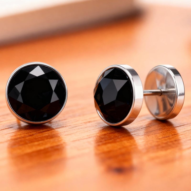 Silver deer Store 2025 Upgraded Hypoallergenic earrings for men,Mens surgical steel black stud earring jewelry,Great Wall wall grain round cake shape,Single black gel 0.4 inches wide - Image 4